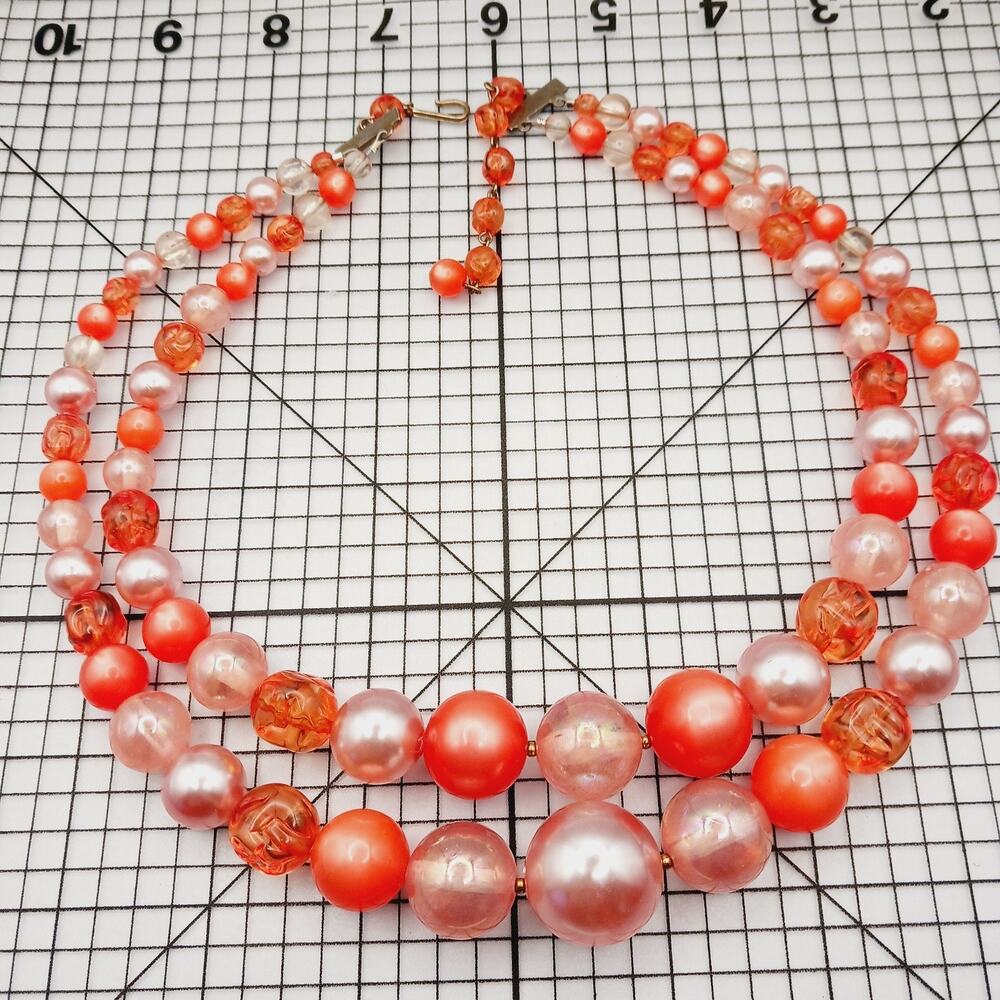 Necklace VTG Beaded Strand Pink Coral Faux Pearl Lucite Palm Beach Mid Century